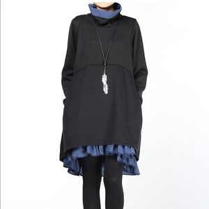 Mordenmiss lagenlook boho sweater tunic dress with funnel neck and blue contrast